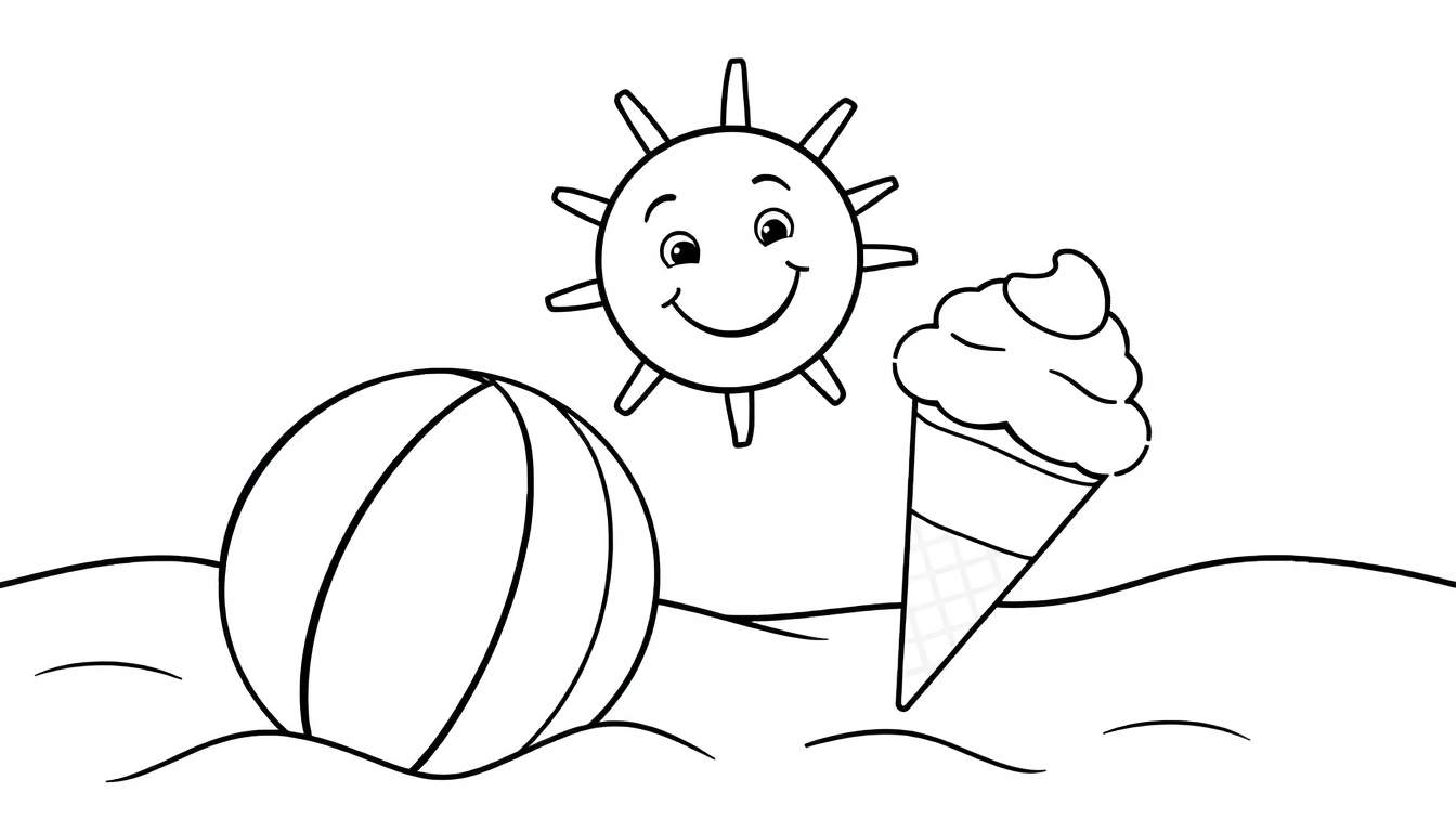 A smiling sun with rays, a beach ball, and an ice cream cone on a black and white color panel.