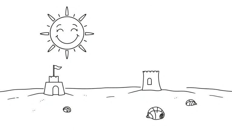 A black and white coloring page of a happy sun shining on a beach with two sandcastles and seashells. A fun color panel for kids.