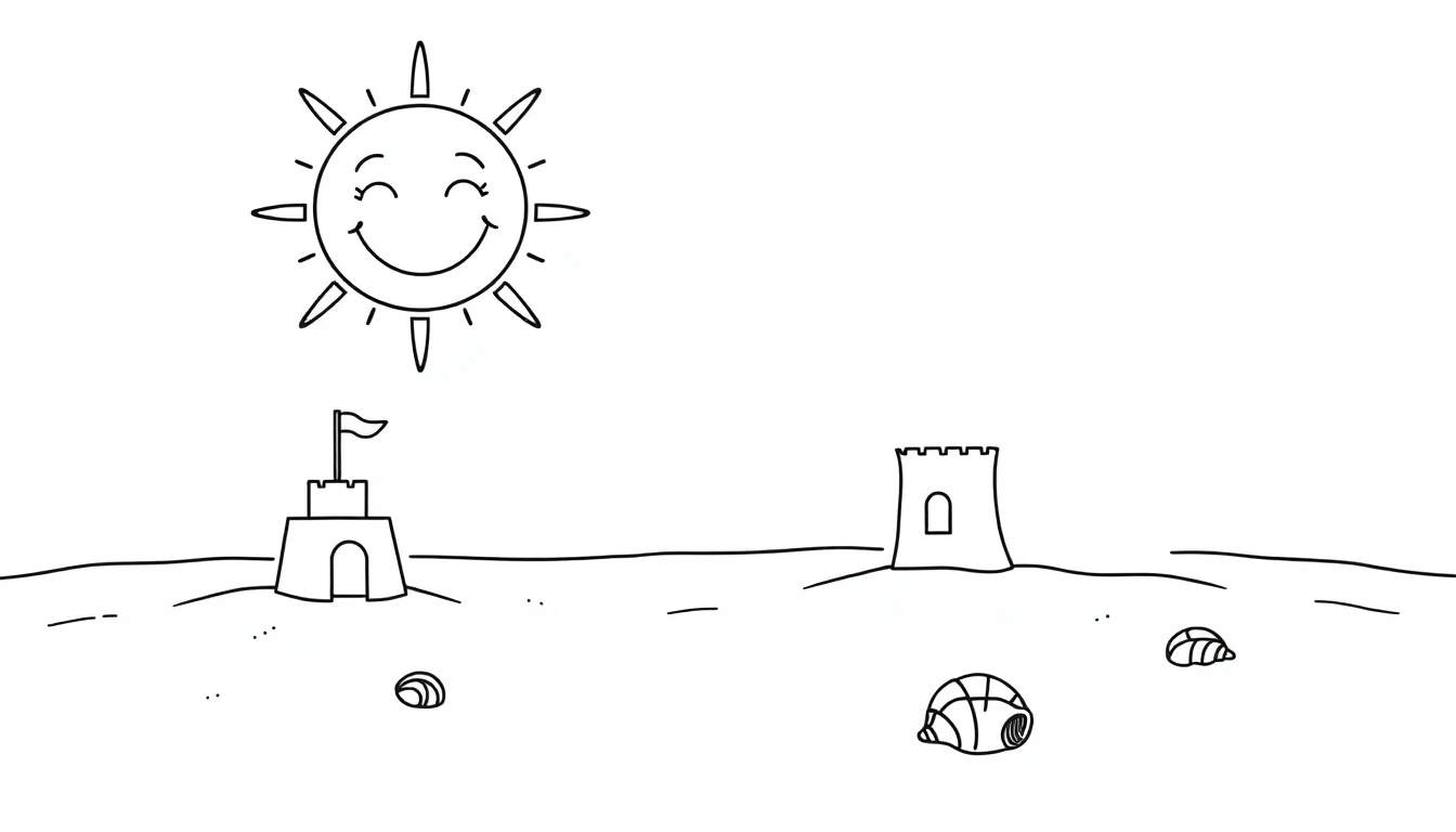 A black and white coloring page of a happy sun shining on a beach with two sandcastles and seashells. A fun color panel for kids.