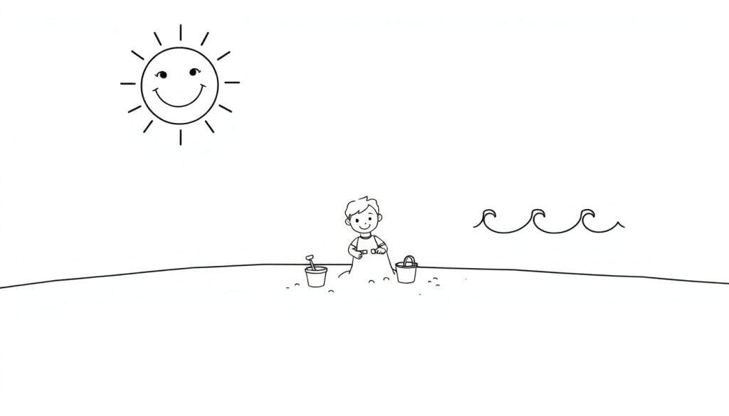 A black and white color panel showing a happy child building a sandcastle with a smiling sun and small waves.