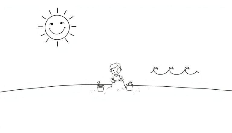 A black and white color panel showing a happy child building a sandcastle with a smiling sun and small waves.
