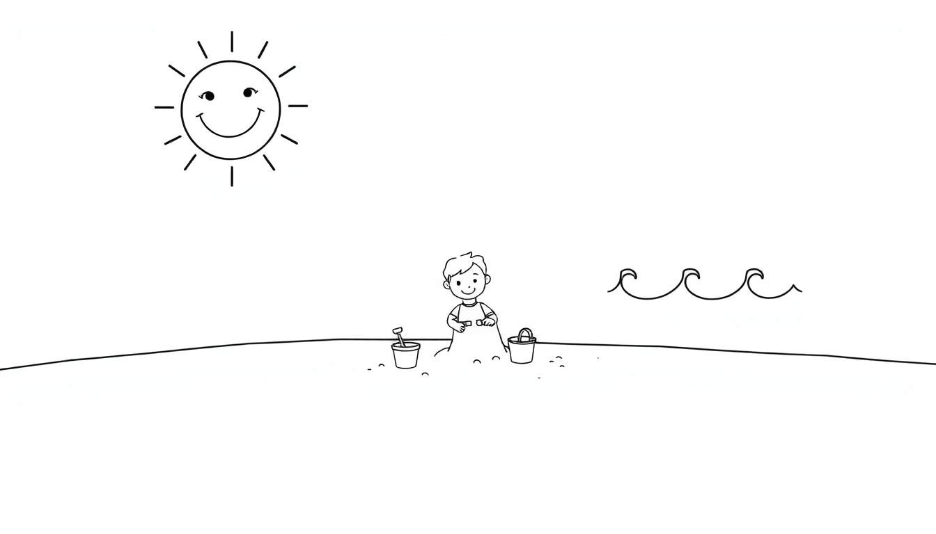 A black and white color panel showing a happy child building a sandcastle with a smiling sun and small waves.