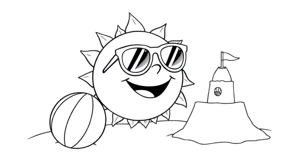 A happy sun with sunglasses and a sandcastle on a beach, a fun color panel for kids.