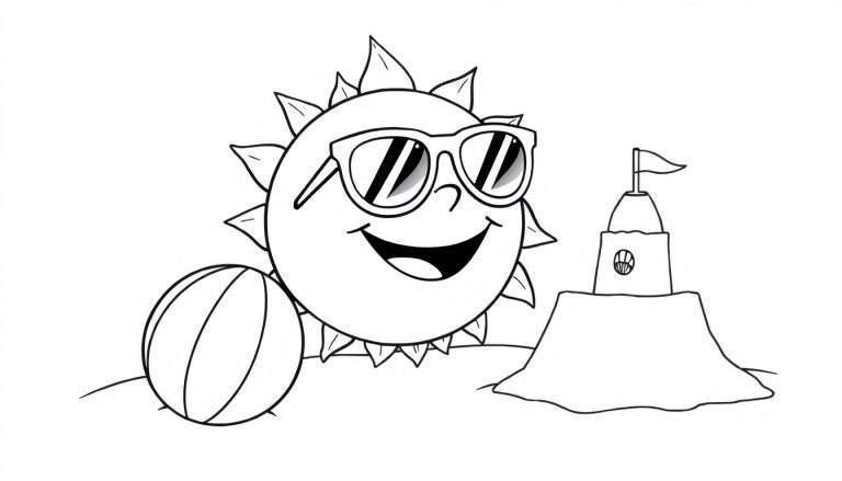 A happy sun with sunglasses and a sandcastle on a beach, a fun color panel for kids.