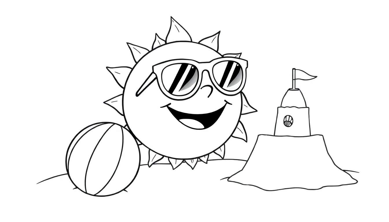 A happy sun with sunglasses and a sandcastle on a beach, a fun color panel for kids.