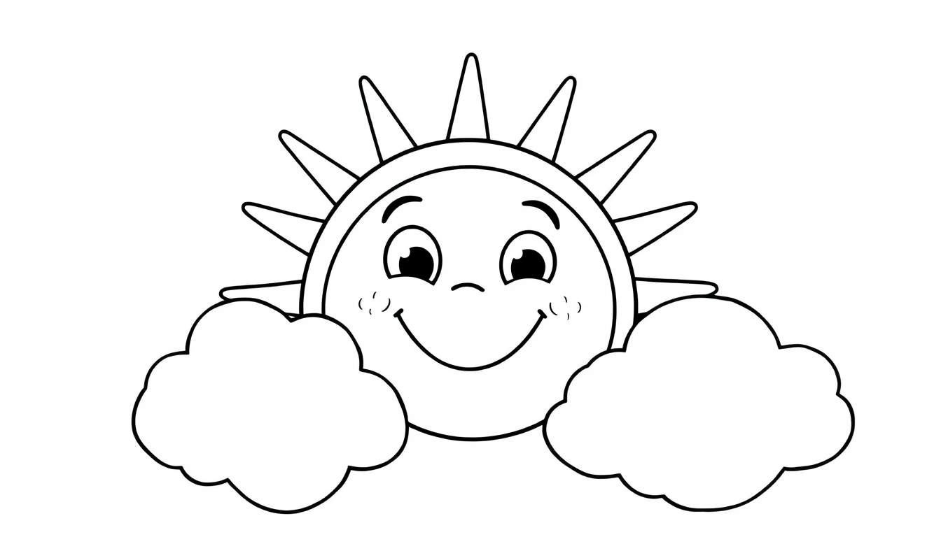 A smiling sun peeking from behind clouds, a black and white coloring page color panel.