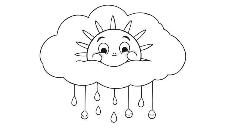 A black and white coloring page of a smiling sun peeking from behind a cloud with happy raindrops. This is a fun color panel for kids.