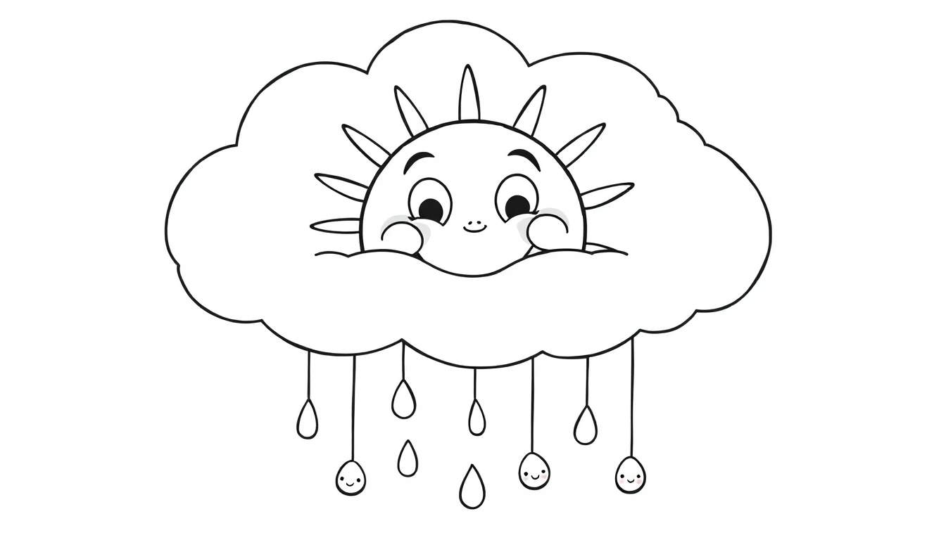 A black and white coloring page of a smiling sun peeking from behind a cloud with happy raindrops. This is a fun color panel for kids.