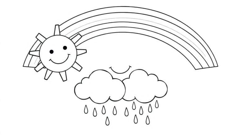 A cheerful sun and friendly rain clouds with a rainbow in a black and white color panel.