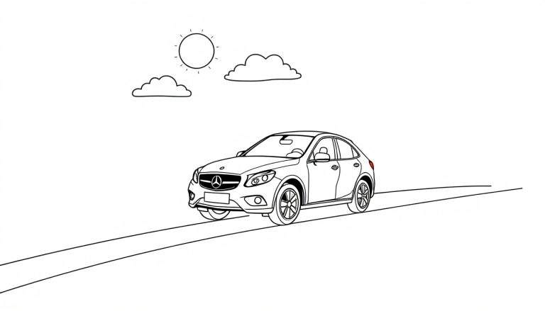 A happy Mercedes-Benz car outline with a color panel, driving on a sunny road with fluffy clouds.