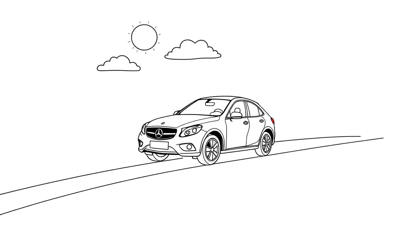 A happy Mercedes-Benz car outline with a color panel, driving on a sunny road with fluffy clouds.