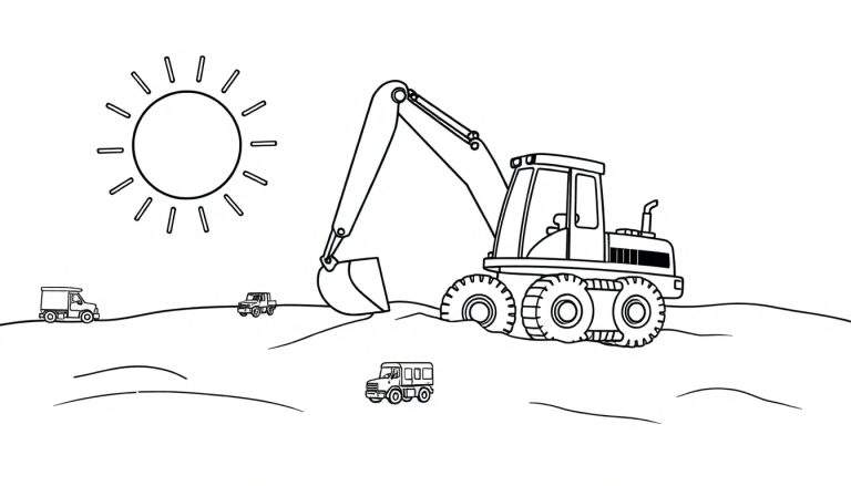 A cheerful black and white drawing of a sunny construction site, ready for coloring. This color panel features a big excavator with its arm down, and other small vehicles on a hilly landscape under a bright sun. A fun color panel for creative kids!