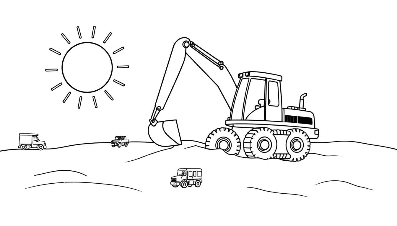 A cheerful black and white drawing of a sunny construction site, ready for coloring. This color panel features a big excavator with its arm down, and other small vehicles on a hilly landscape under a bright sun. A fun color panel for creative kids!