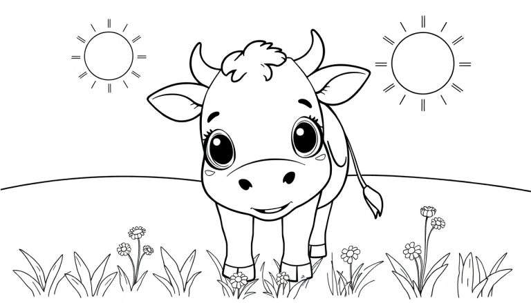 Cute cartoon cow in a sunny field, a color panel for kids.
