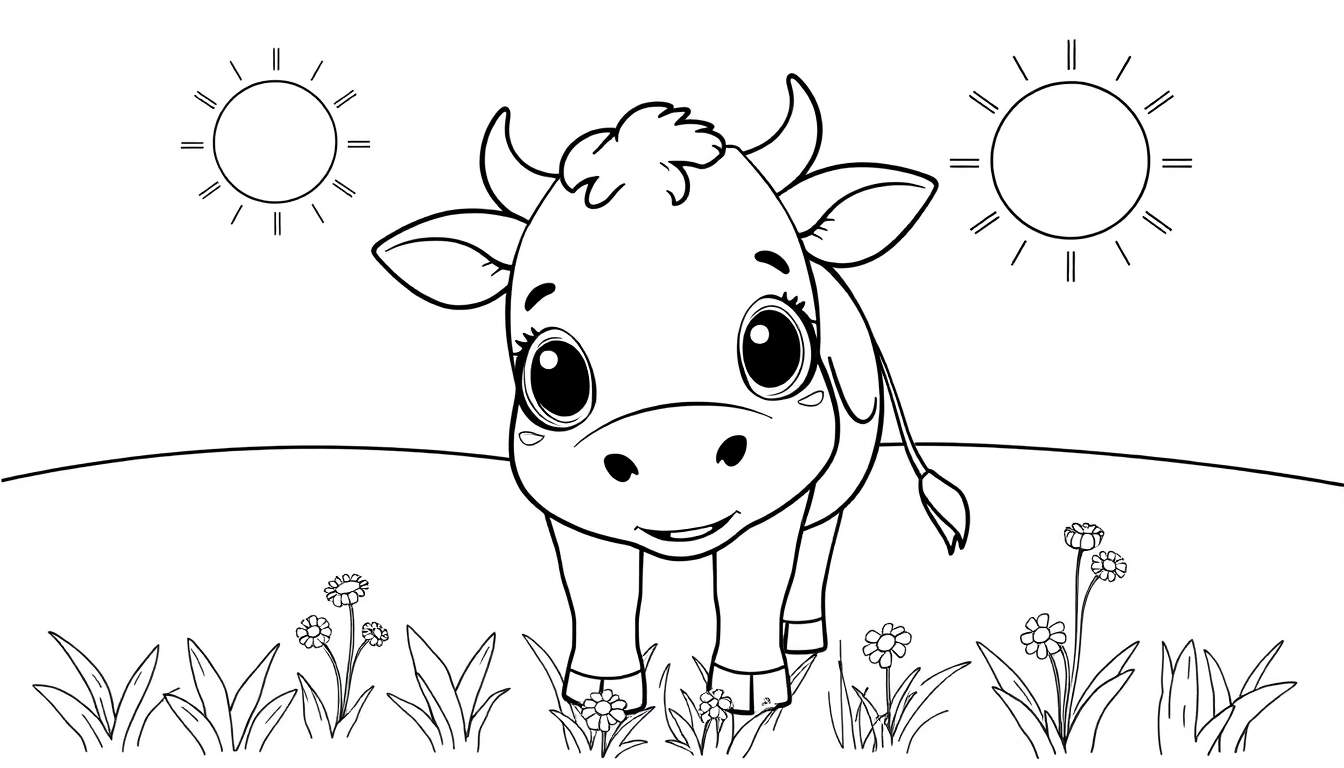 Cute cartoon cow in a sunny field, a color panel for kids.