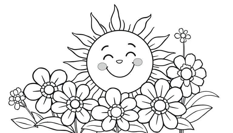 A smiling sun in a black and white line art color panel surrounded by flowers and leaves.