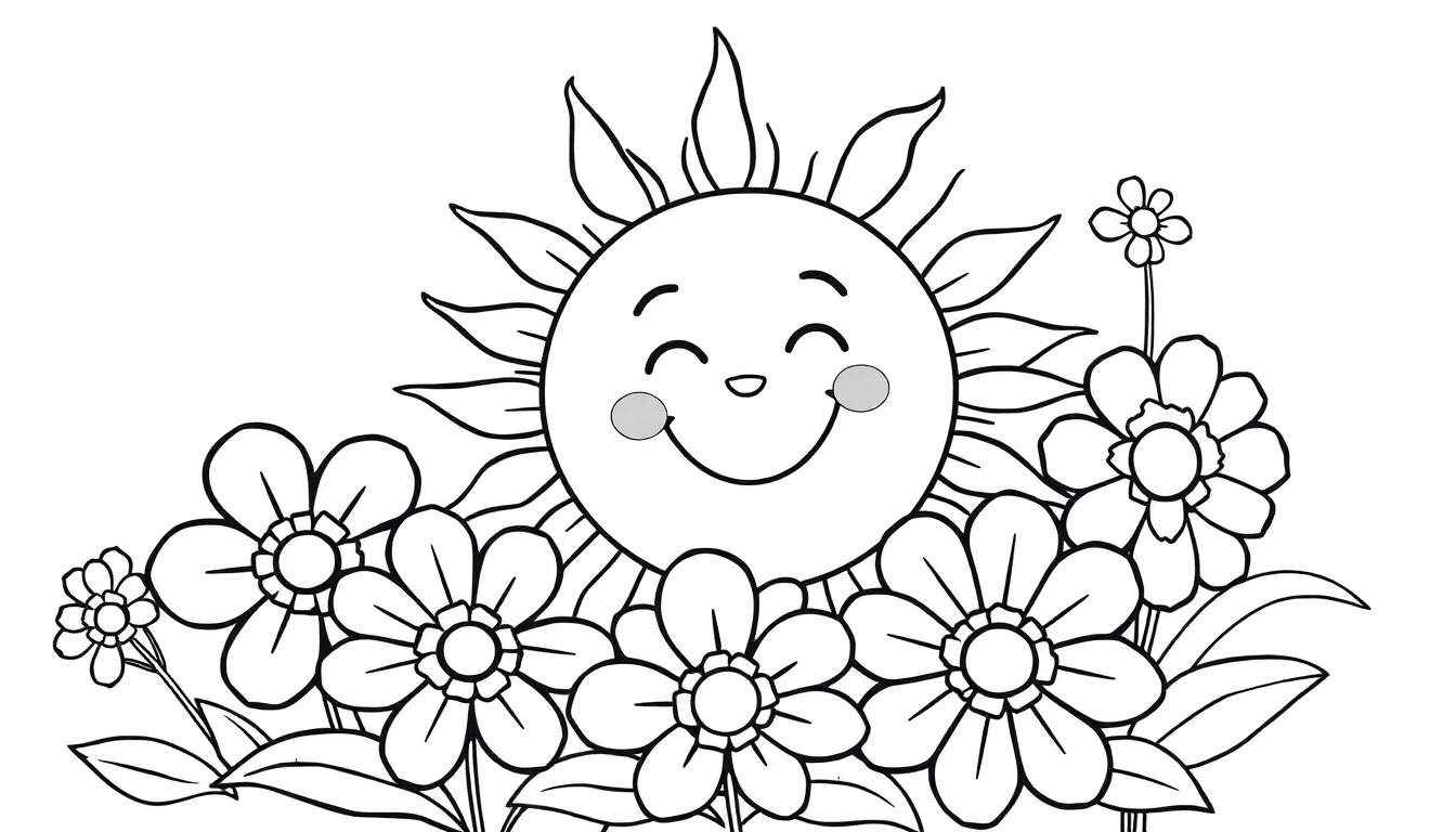A smiling sun in a black and white line art color panel surrounded by flowers and leaves.