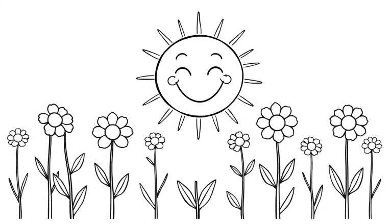 A happy sun coloring panel with flowers.