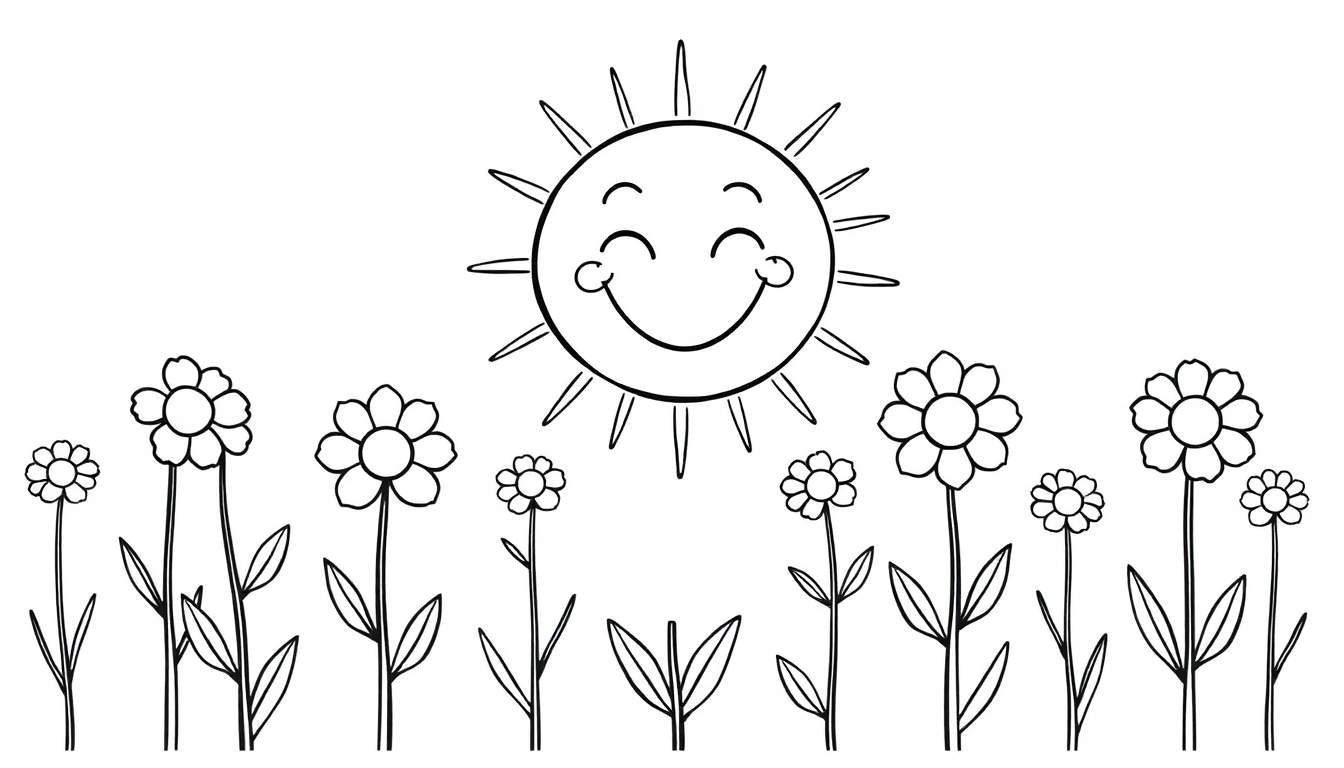 A happy sun coloring panel with flowers.
