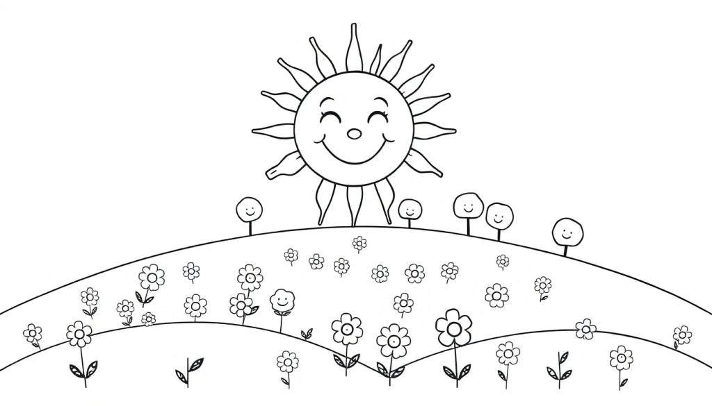 A cheerful black and white coloring page of a smiling sun over a field of flowers and happy trees, part of a color panel.