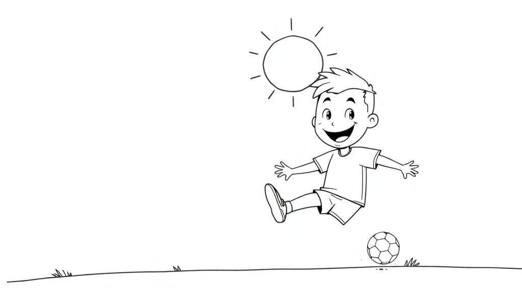 A happy boy kicking a soccer ball under the sun, a black and white color panel.