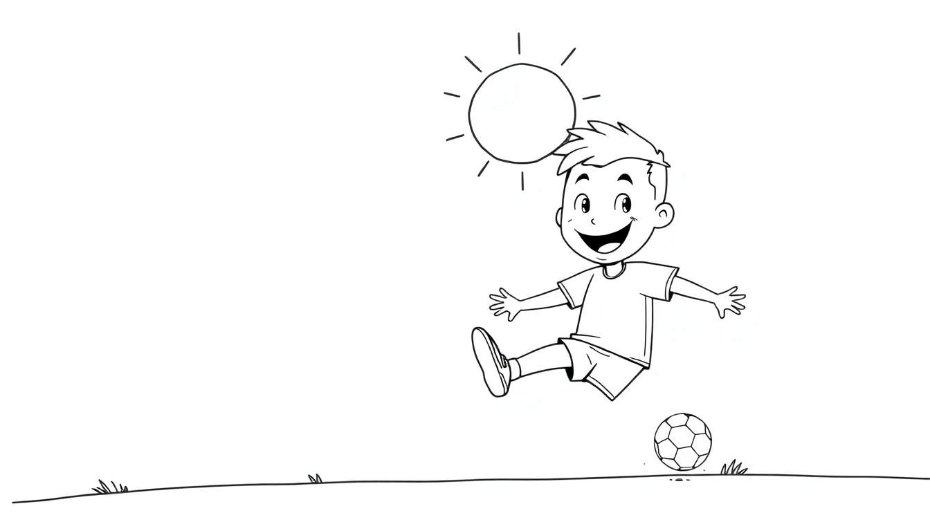 A happy boy kicking a soccer ball under the sun, a black and white color panel.