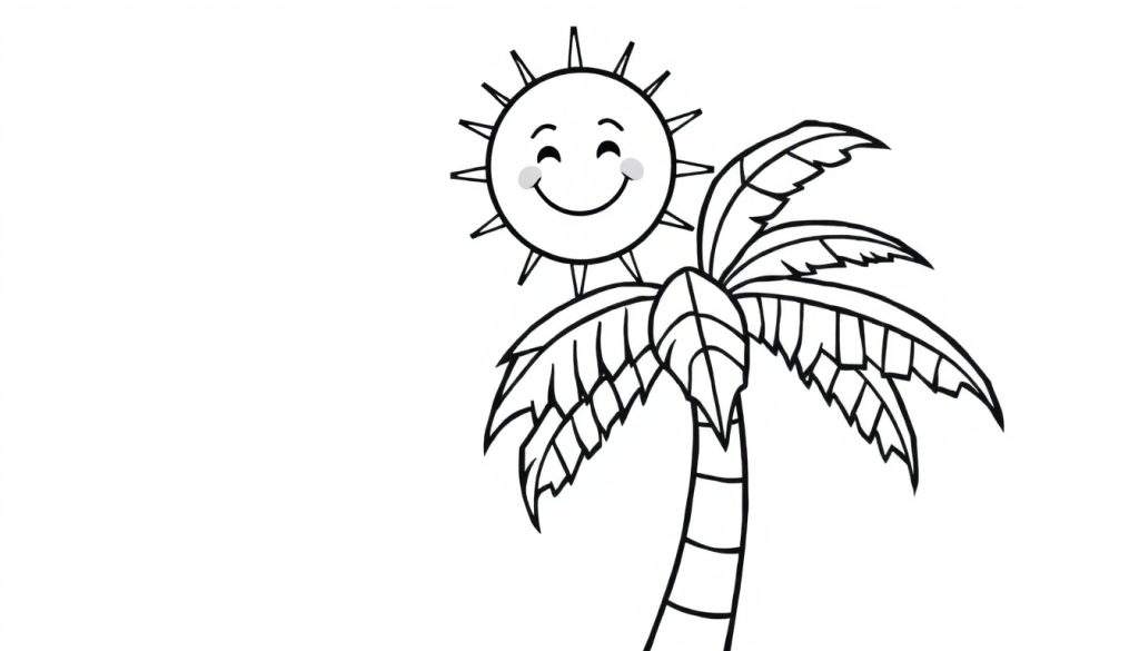A smiling sun above a palm tree in a coloring panel.