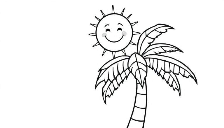 A smiling sun above a palm tree in a coloring panel.