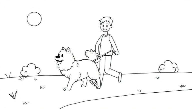 A boy walking his dog on a sunny day, black and white color panel.