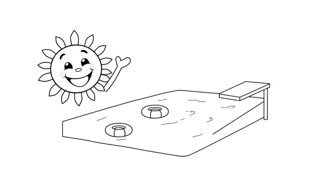 A black and white coloring page with a smiling sun and a swimming pool, perfect for a color panel activity.