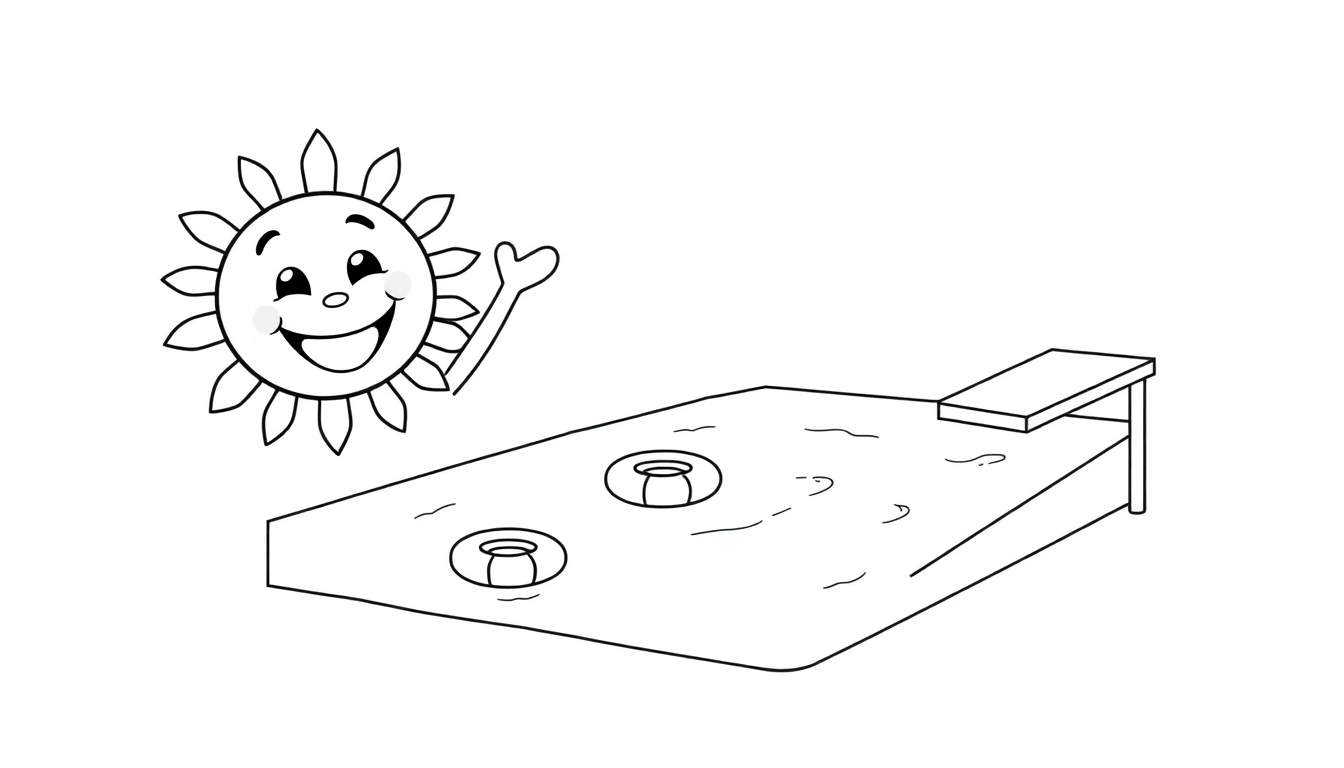 A black and white coloring page with a smiling sun and a swimming pool, perfect for a color panel activity.
