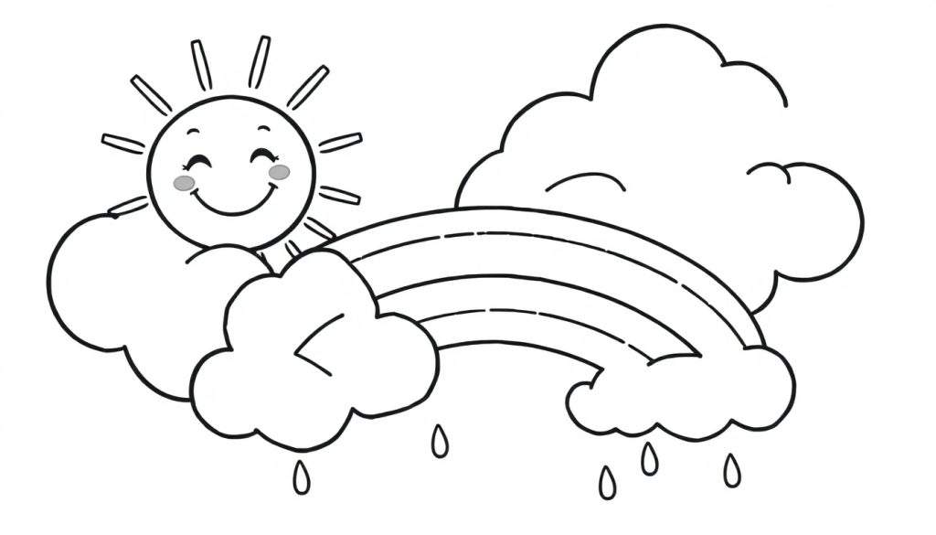 A black and white color panel showing a happy sun, clouds with raindrops, and a rainbow.