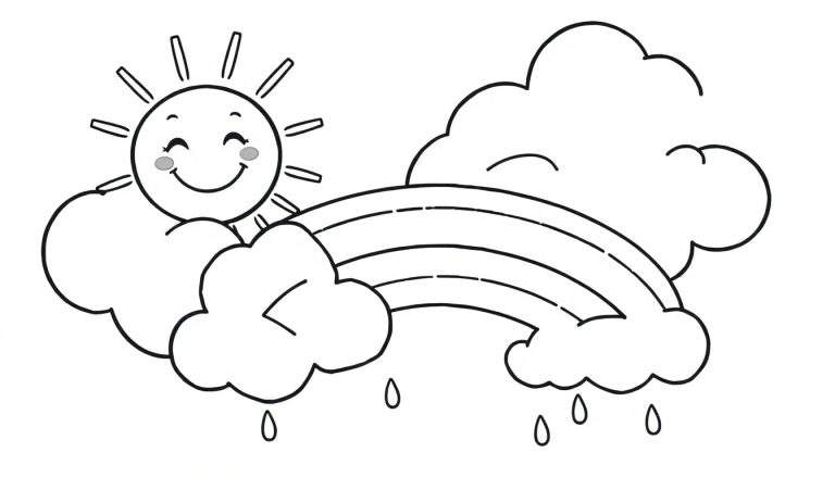 A black and white color panel showing a happy sun, clouds with raindrops, and a rainbow.