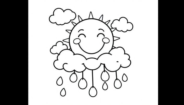 A black and white cartoon of a smiling sun with triangular rays, partially hidden by fluffy clouds with raindrops, a perfect color panel.