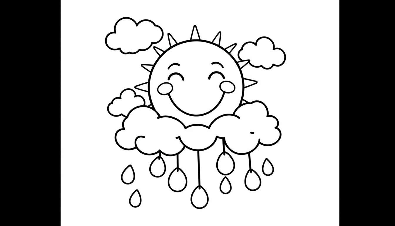 A black and white cartoon of a smiling sun with triangular rays, partially hidden by fluffy clouds with raindrops, a perfect color panel.