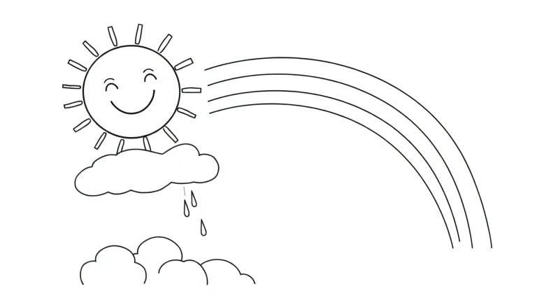 A black and white drawing of a happy sun with rays, a cloud raining, and a rainbow, perfect for a color panel.