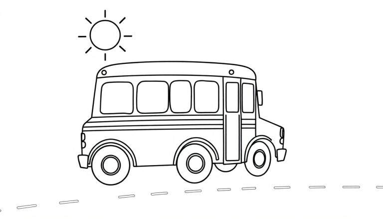 A friendly yellow school bus with big wheels driving down a sunny road, ready for coloring! A wonderful color panel for little artists.