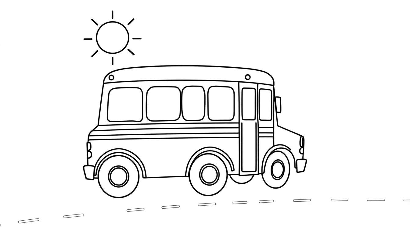 A friendly yellow school bus with big wheels driving down a sunny road, ready for coloring! A wonderful color panel for little artists.