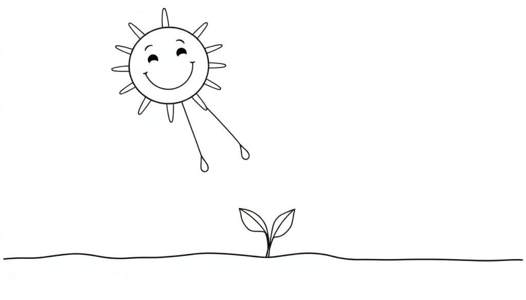 A black and white color panel of a smiling sun with rain falling on a small sprout.