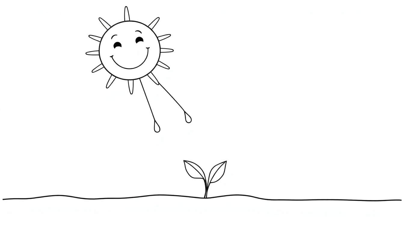 A black and white color panel of a smiling sun with rain falling on a small sprout.