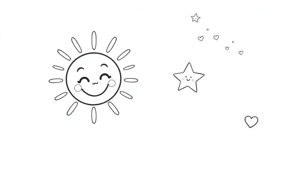 A smiling sun and star on a white background, part of a color panel.