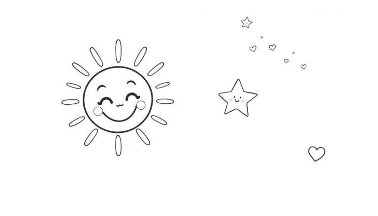 A smiling sun and star on a white background, part of a color panel.
