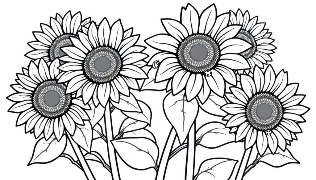 A cheerful bunch of sunflowers in a line art style, ready for coloring. Black and white outline, a fun color panel for kids.