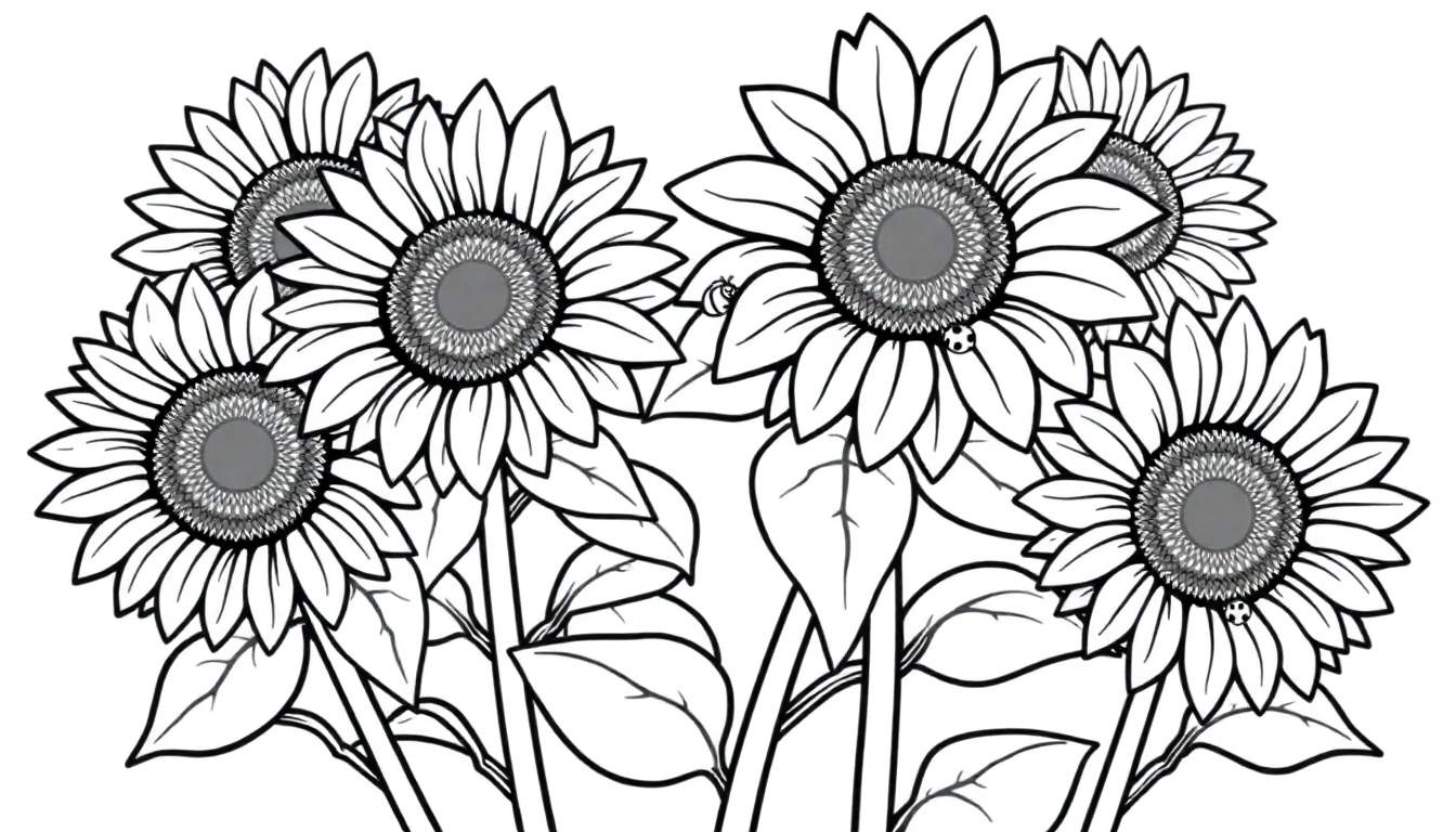 A cheerful bunch of sunflowers in a line art style, ready for coloring. Black and white outline, a fun color panel for kids.