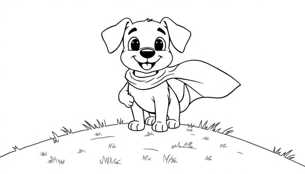 A cute cartoon dog in a black and white color panel, wearing a cape like a superhero, standing on a grassy hill.