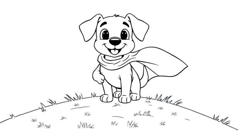 A cute cartoon dog in a black and white color panel, wearing a cape like a superhero, standing on a grassy hill.