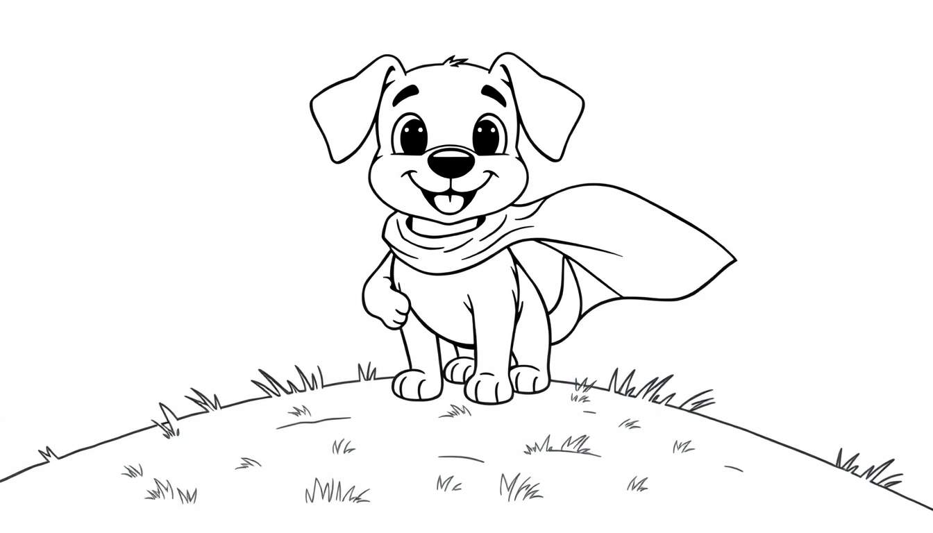 A cute cartoon dog in a black and white color panel, wearing a cape like a superhero, standing on a grassy hill.