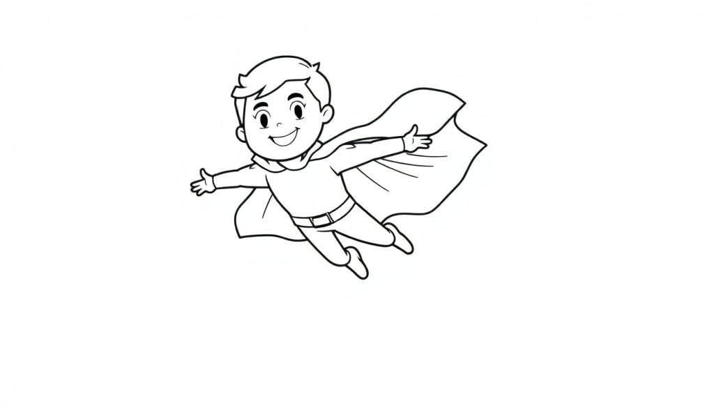 A joyful young boy in a superhero costume, flying with arms outstretched, on a black and white color panel.
