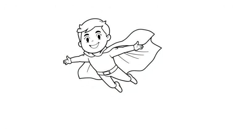 A joyful young boy in a superhero costume, flying with arms outstretched, on a black and white color panel.