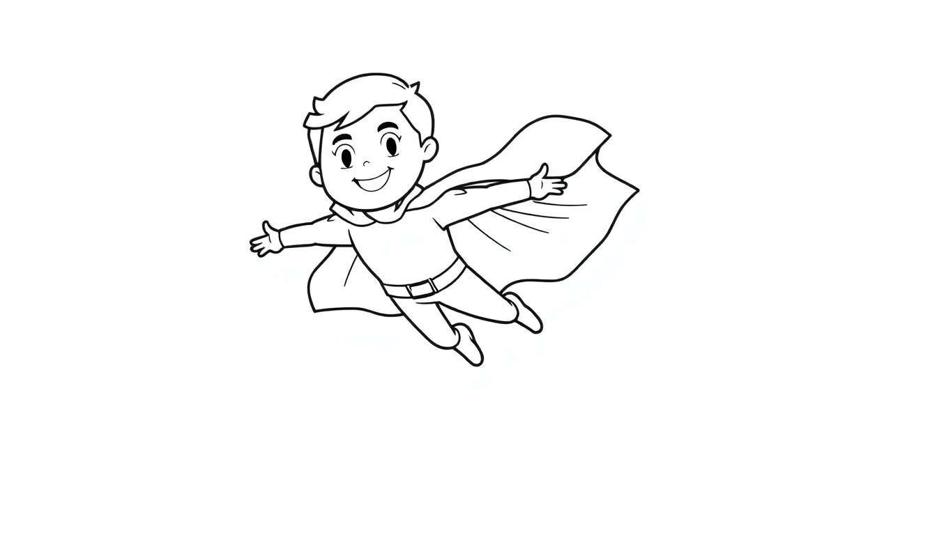A joyful young boy in a superhero costume, flying with arms outstretched, on a black and white color panel.